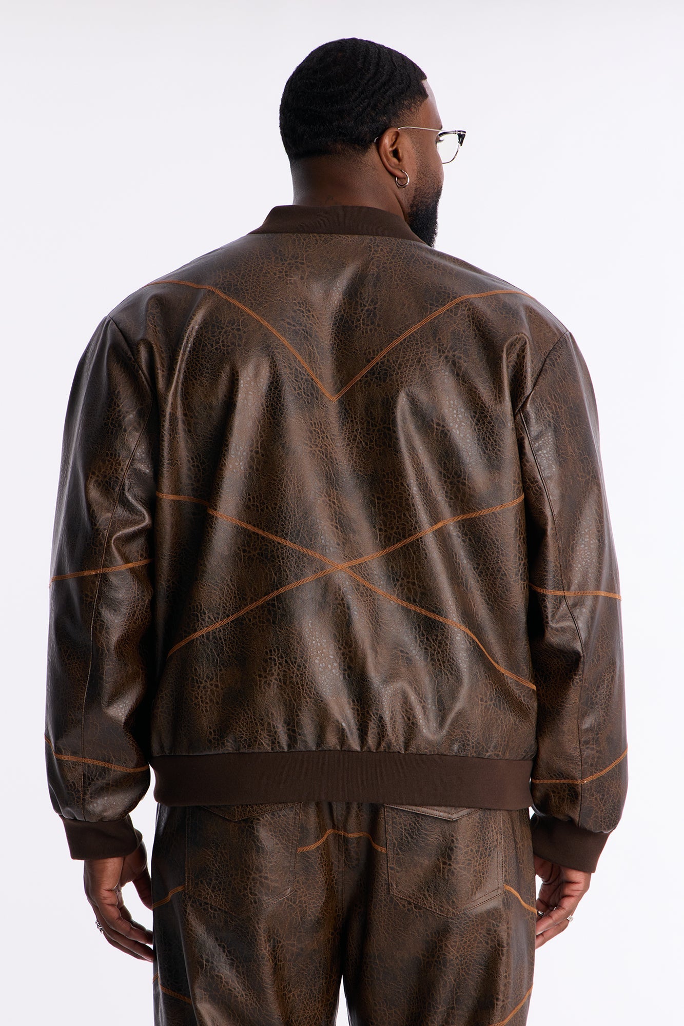 Vintage Chainstitch Faux Leather Bomber Jacket - Brown