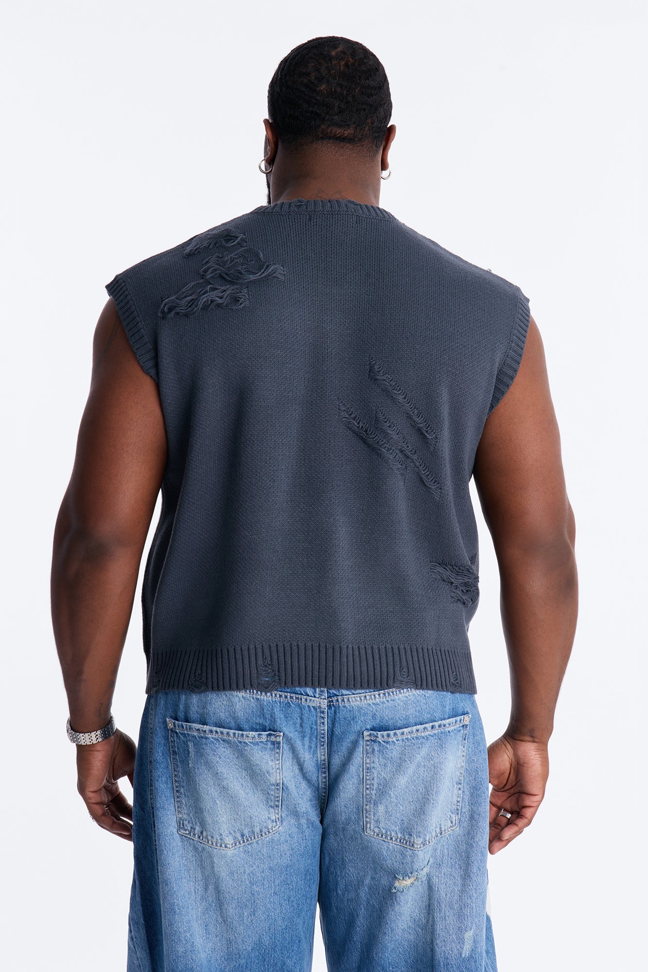 Shredline Desgastado Frayed Sweater Vest - Olive