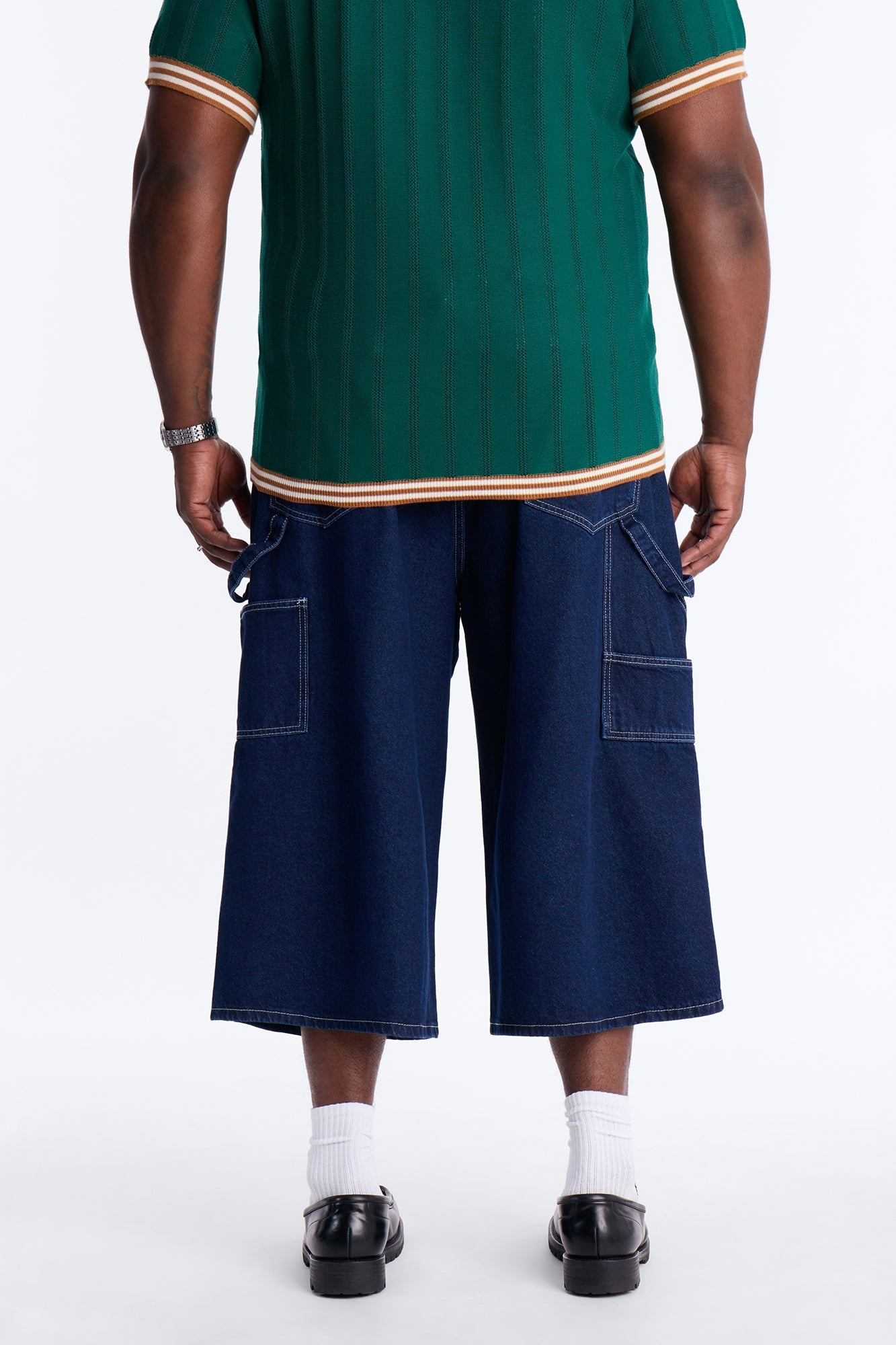 Super Baggy Button Drop Denim Shorts - Dark Wash