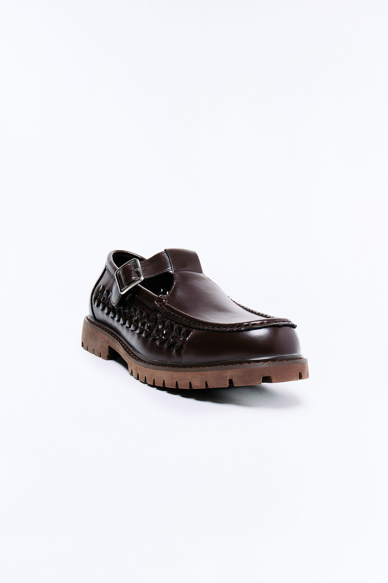 Chunky Woven Side Panel Mary Jane Shoes - Brown