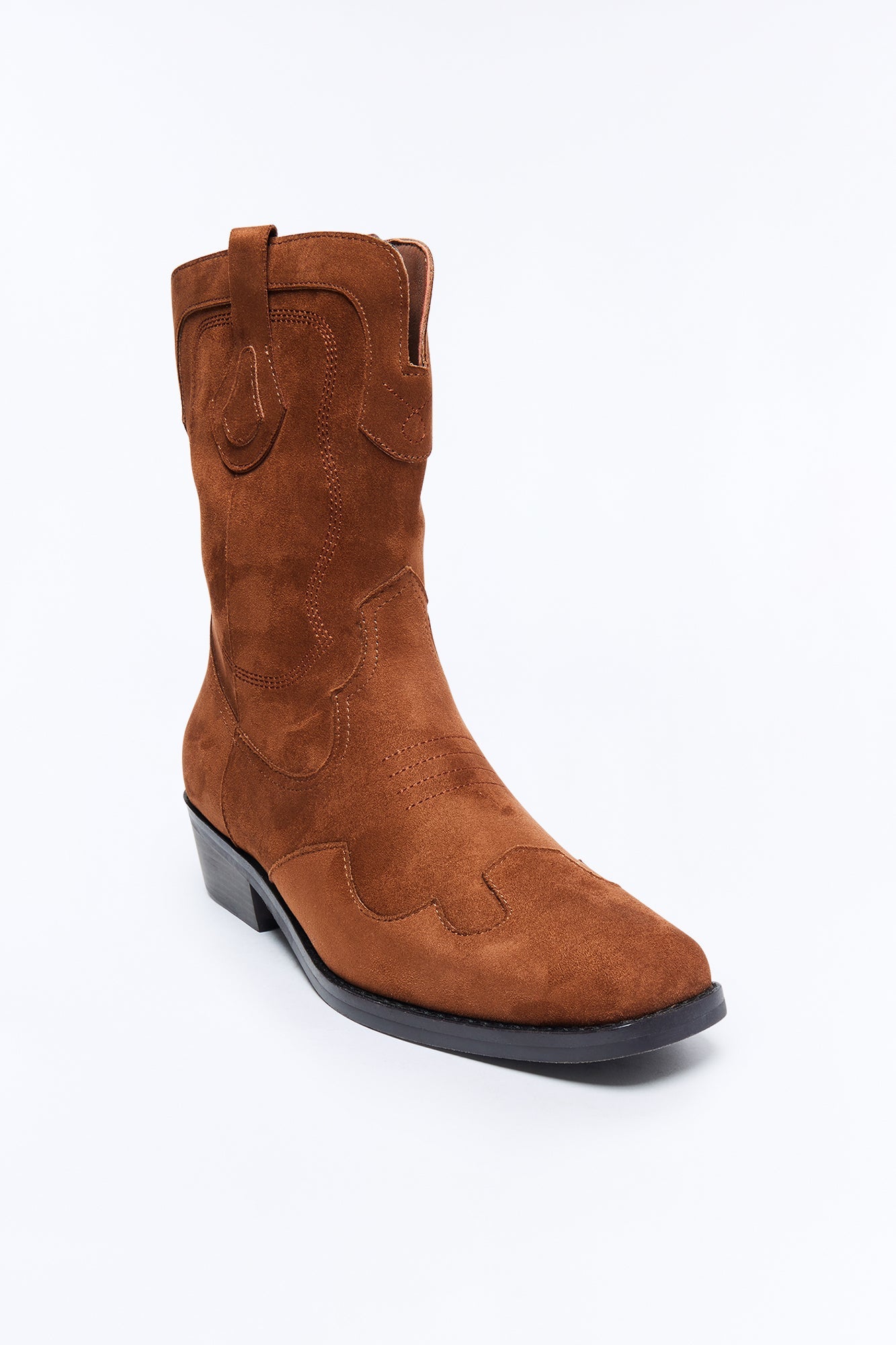 Western Faux Suede Pull On Cowboy Boots - Brown