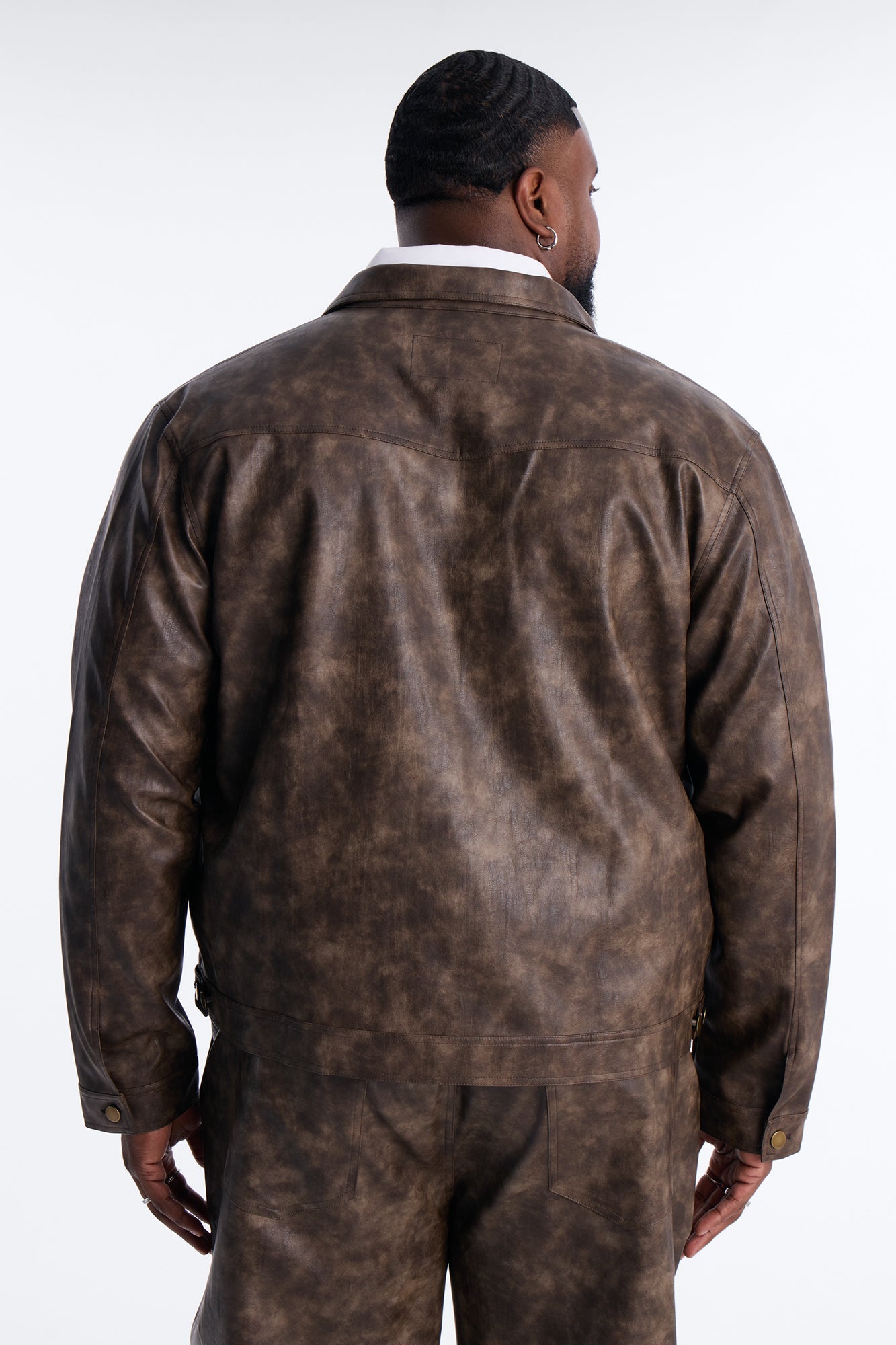 Stone Grained Faux Leather Trucker Jacket - Brown