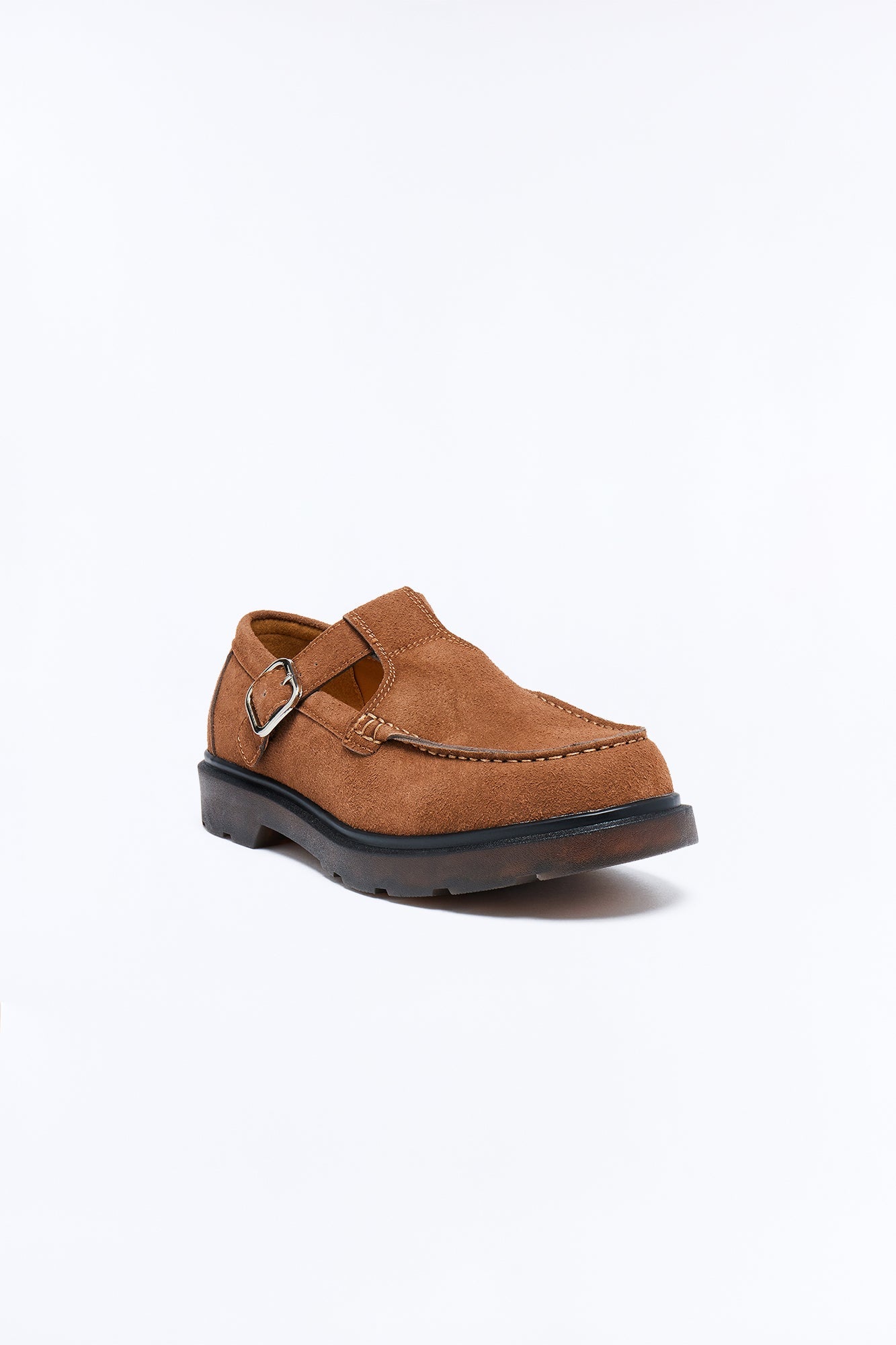 Faux Suede Chunky Buckle Loafer - Brown