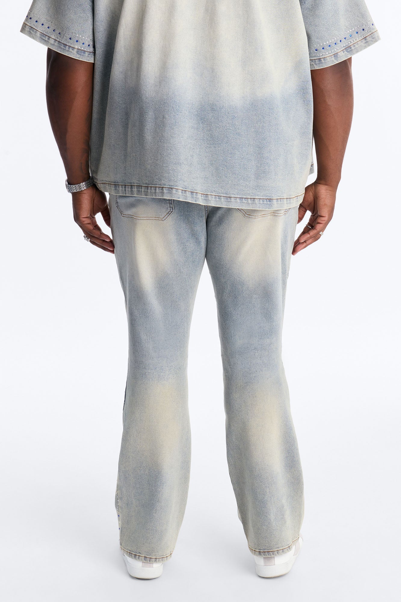 Rhinestone Bandana Stacked Skinny Flare Jeans - Light Blue Wash
