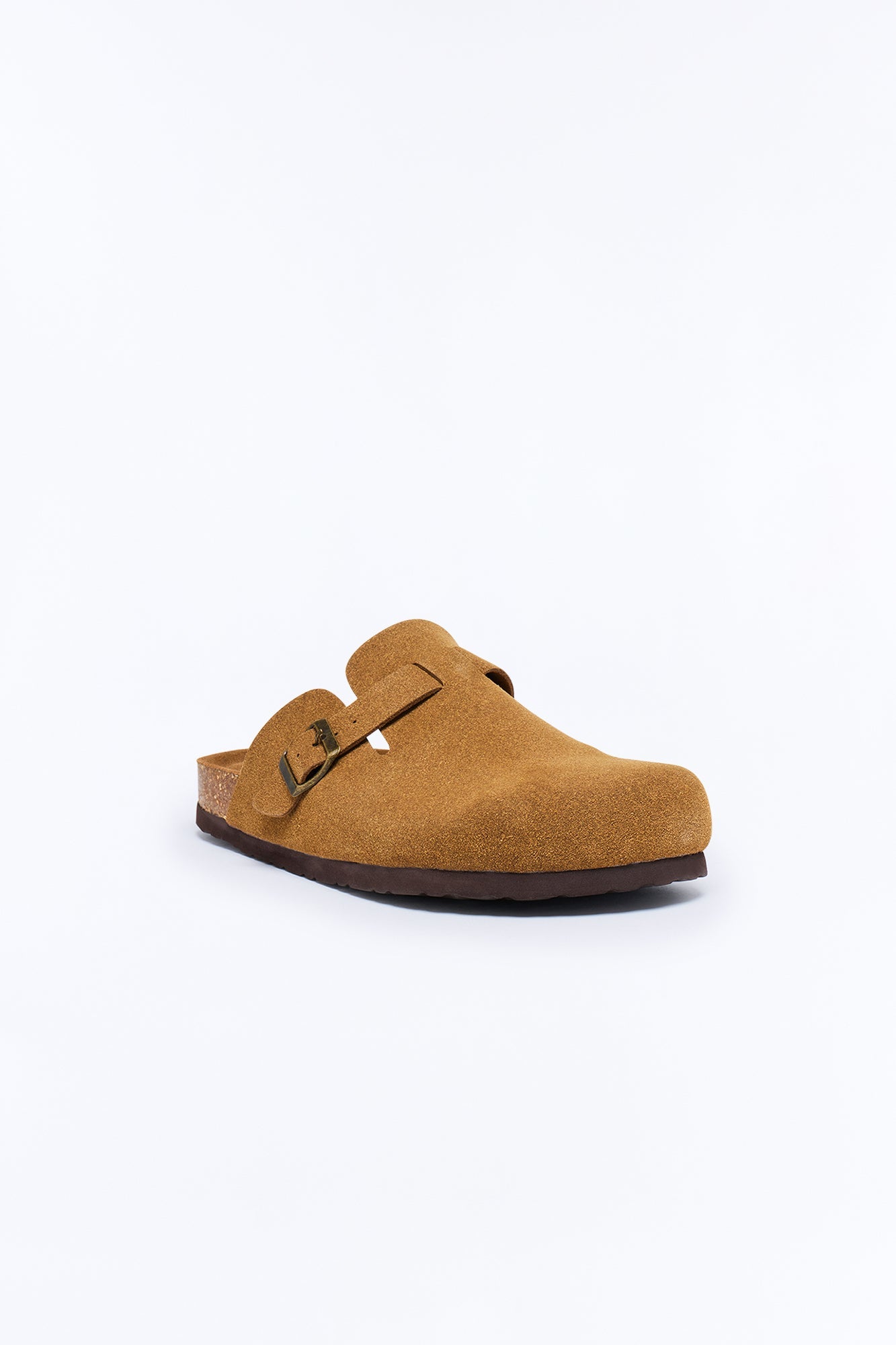 Buckled Cut Out Suede Slip On Mule - Brown