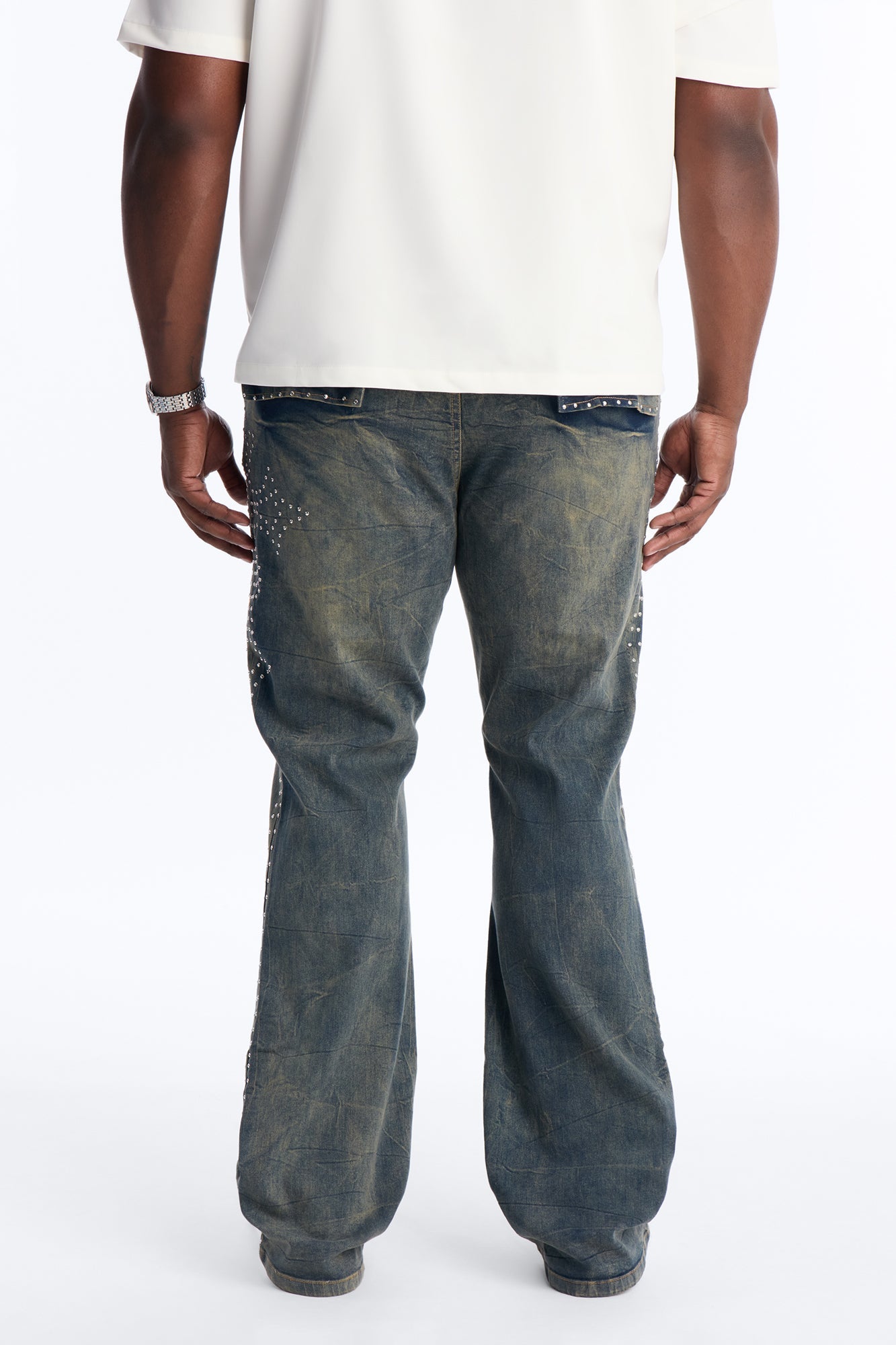 Stacked Skinny Flare Cross By My Side Studded Jeans - Vintage Blue Wash