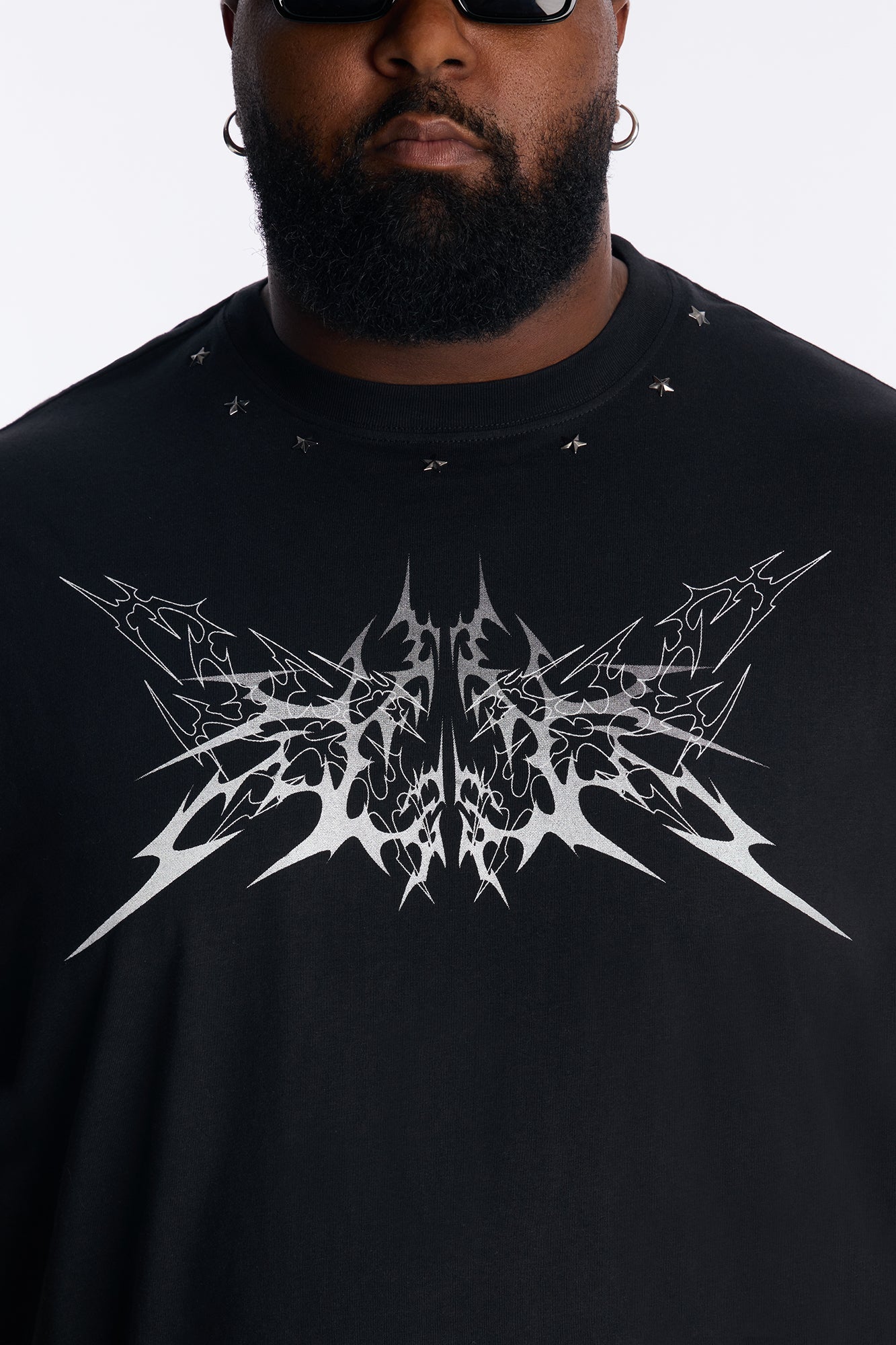 Metal Star Studded Short Sleeve Tee - Black