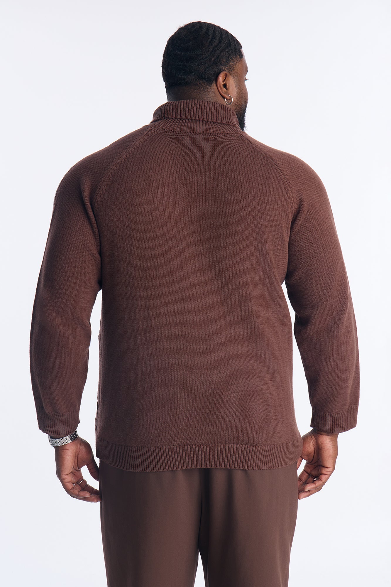 Cable Knit Turtle Neck Contrast Sweater - Chocolate