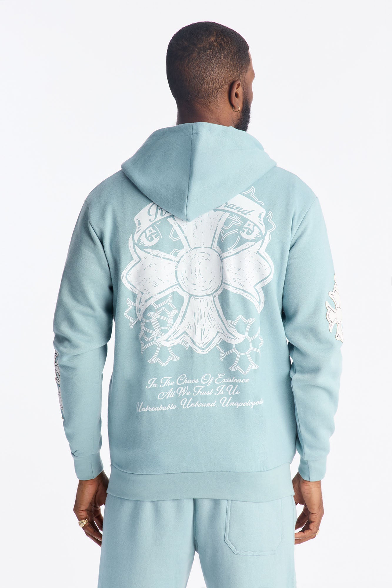 Rebellion Cross Applique Zip Up Hoodie - Light Blue