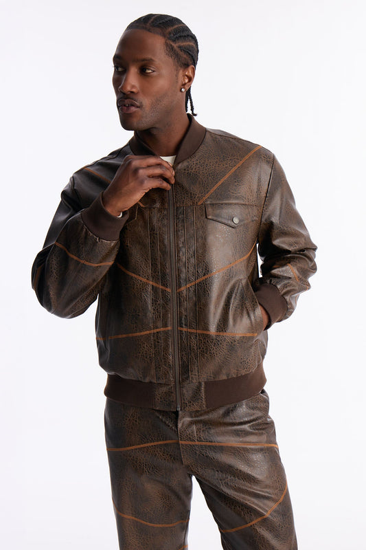 Vintage Chainstitch Faux Leather Bomber Jacket - Brown