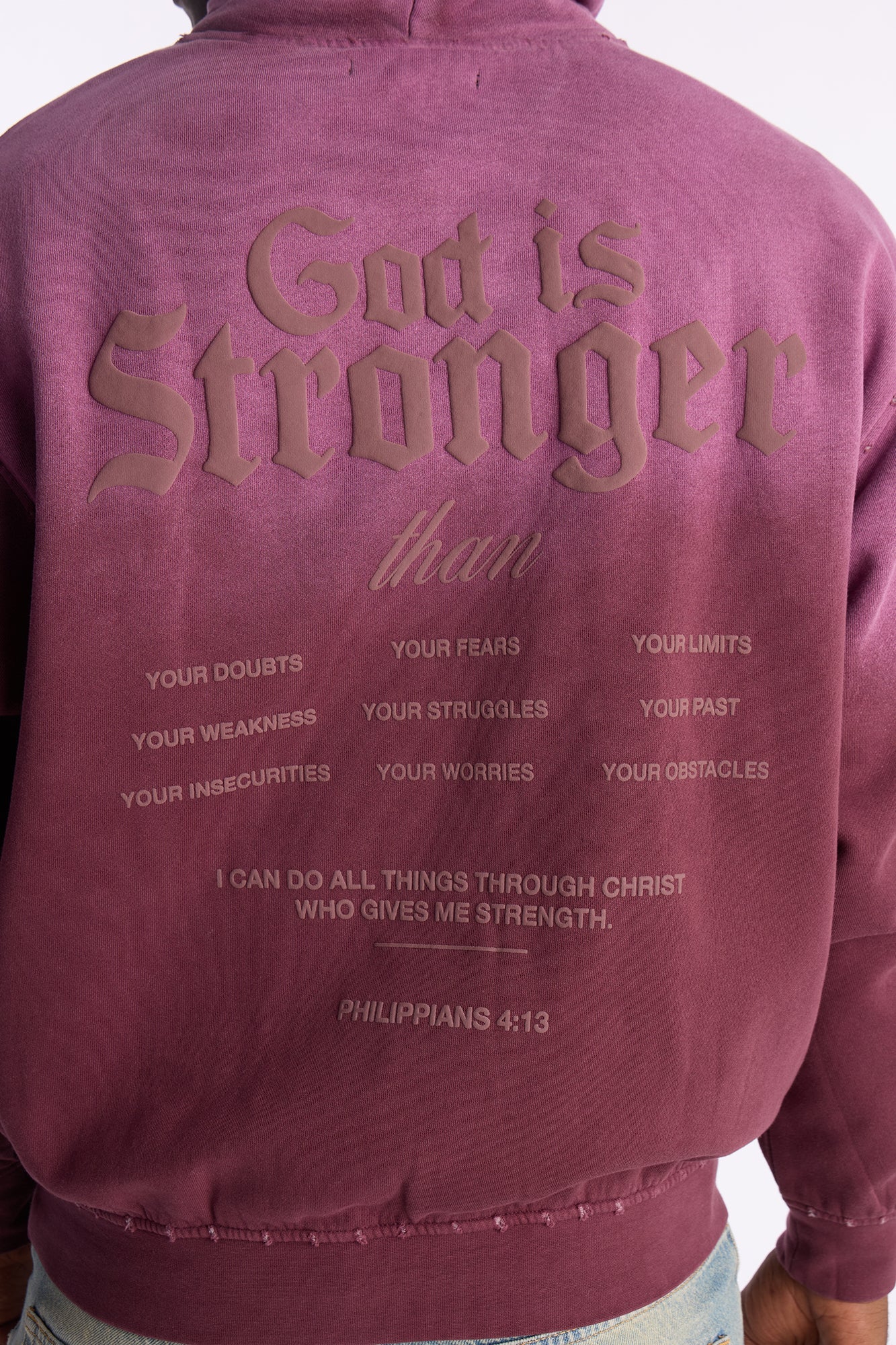 God Is Stronger Rhinestone Hoodie - Plum