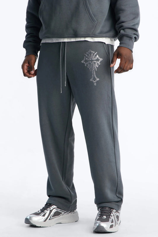 Blessed Rhinestone Pearl Sweatpants - Charcoal
