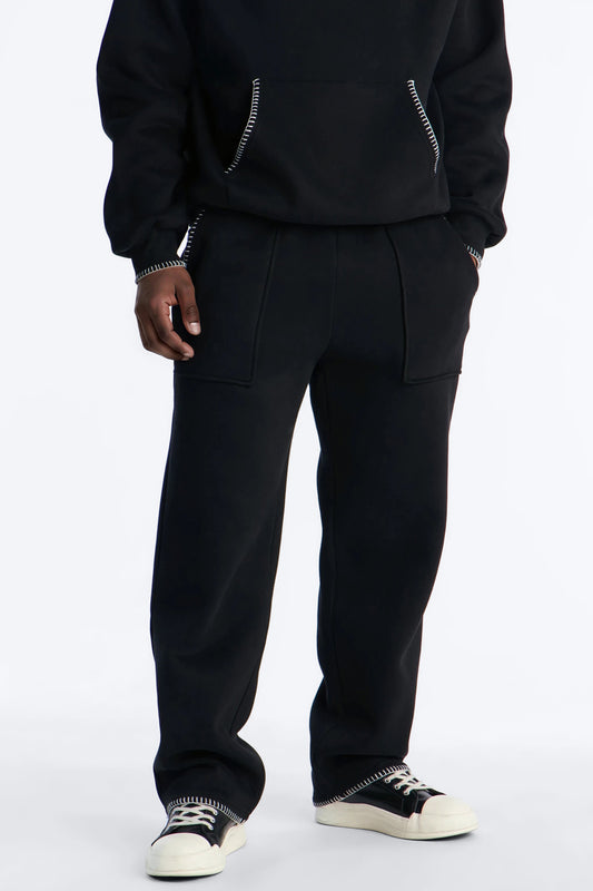 Straight Contrast Blanket Stitch Sweatpants - Black