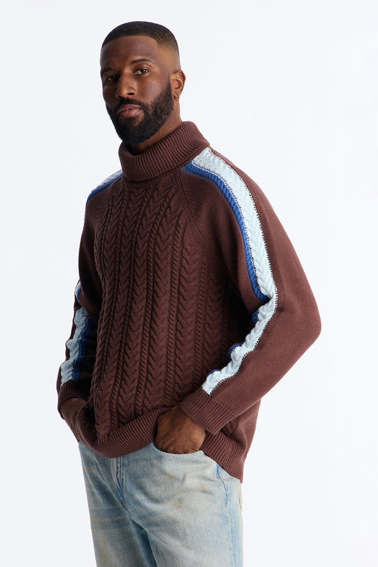 Cable Knit Turtle Neck Contrast Sweater - Chocolate
