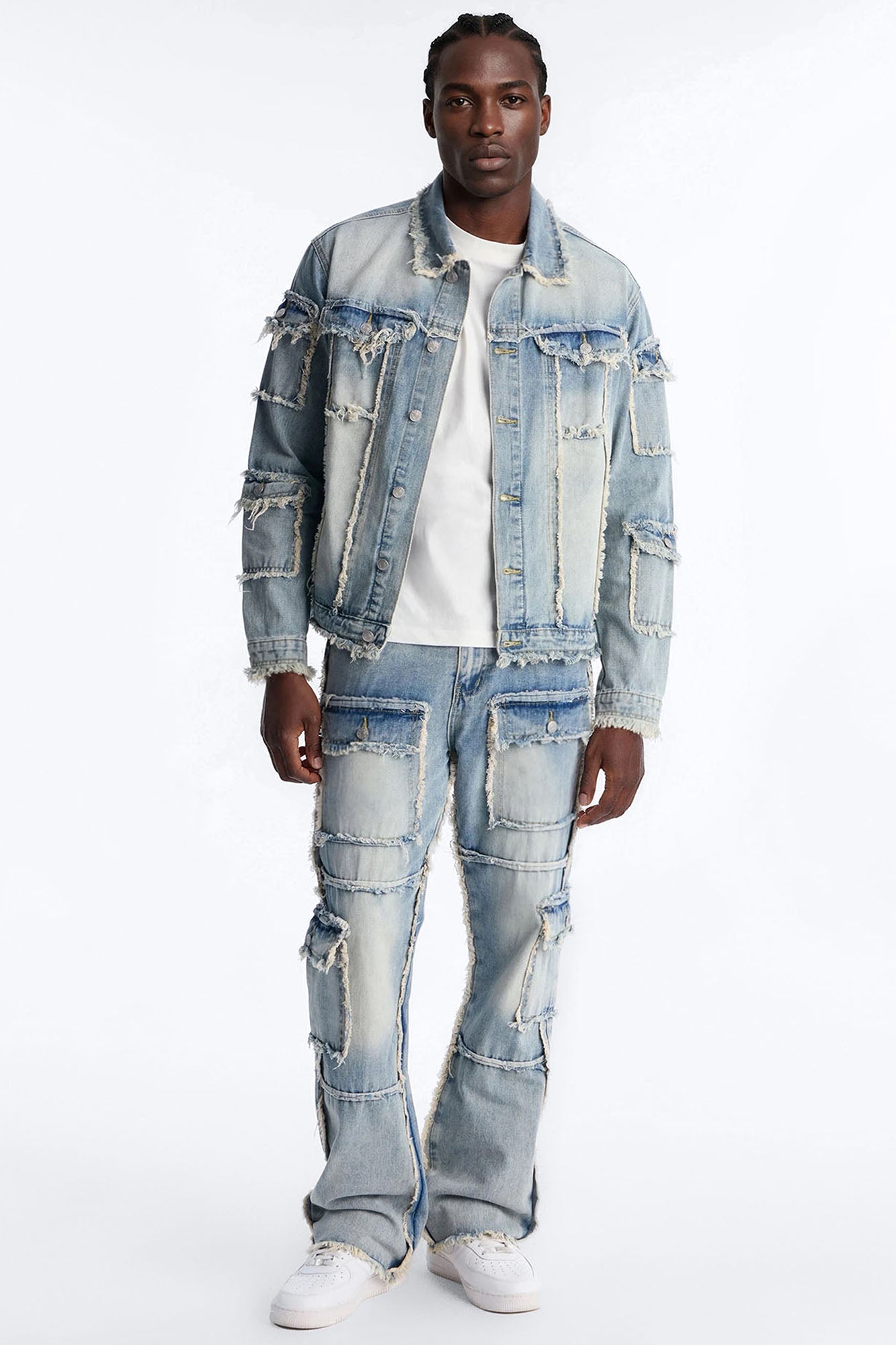 Tattered Cargo Denim Trucker Jacket - Light Wash