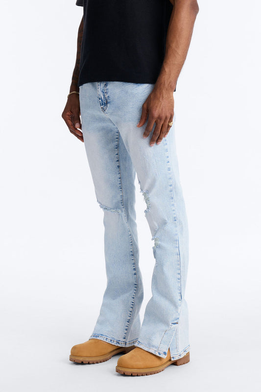 Stacked Skinny Flare Slit Dare Me Distressed Jean - Light Blue Wash