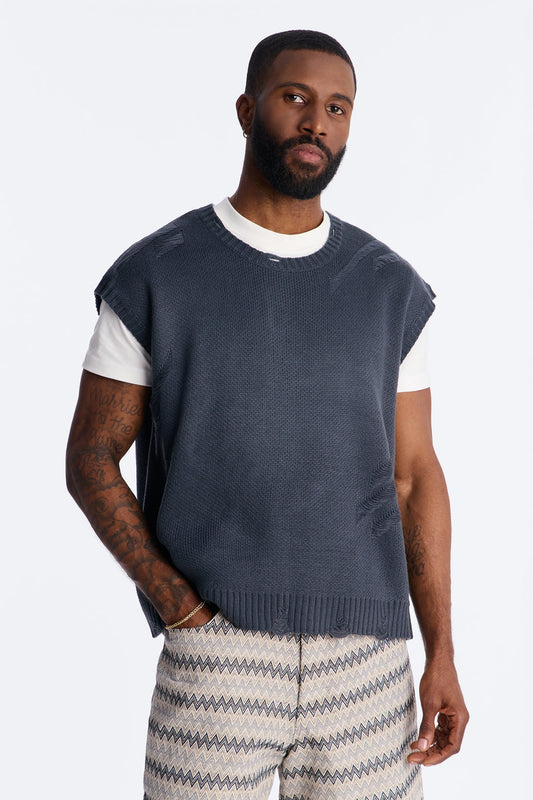 Shredline Desgastado Frayed Sweater Vest - Olive