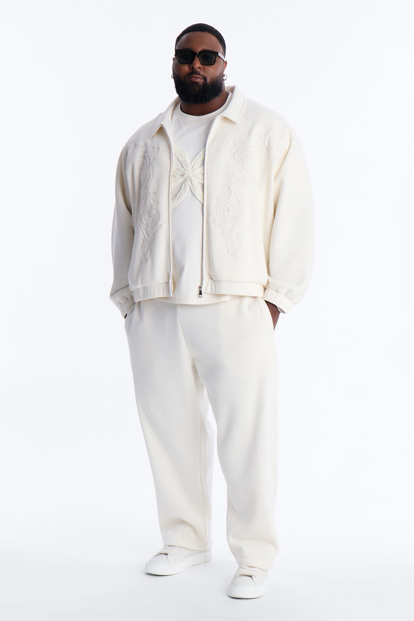 Embroidery Fleur Oversized Cropped Fleece Jacket - Cream