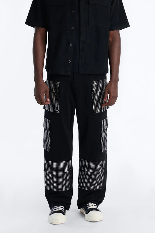 Baggy Rhinestone Combat Cargo Jean - Black Wash
