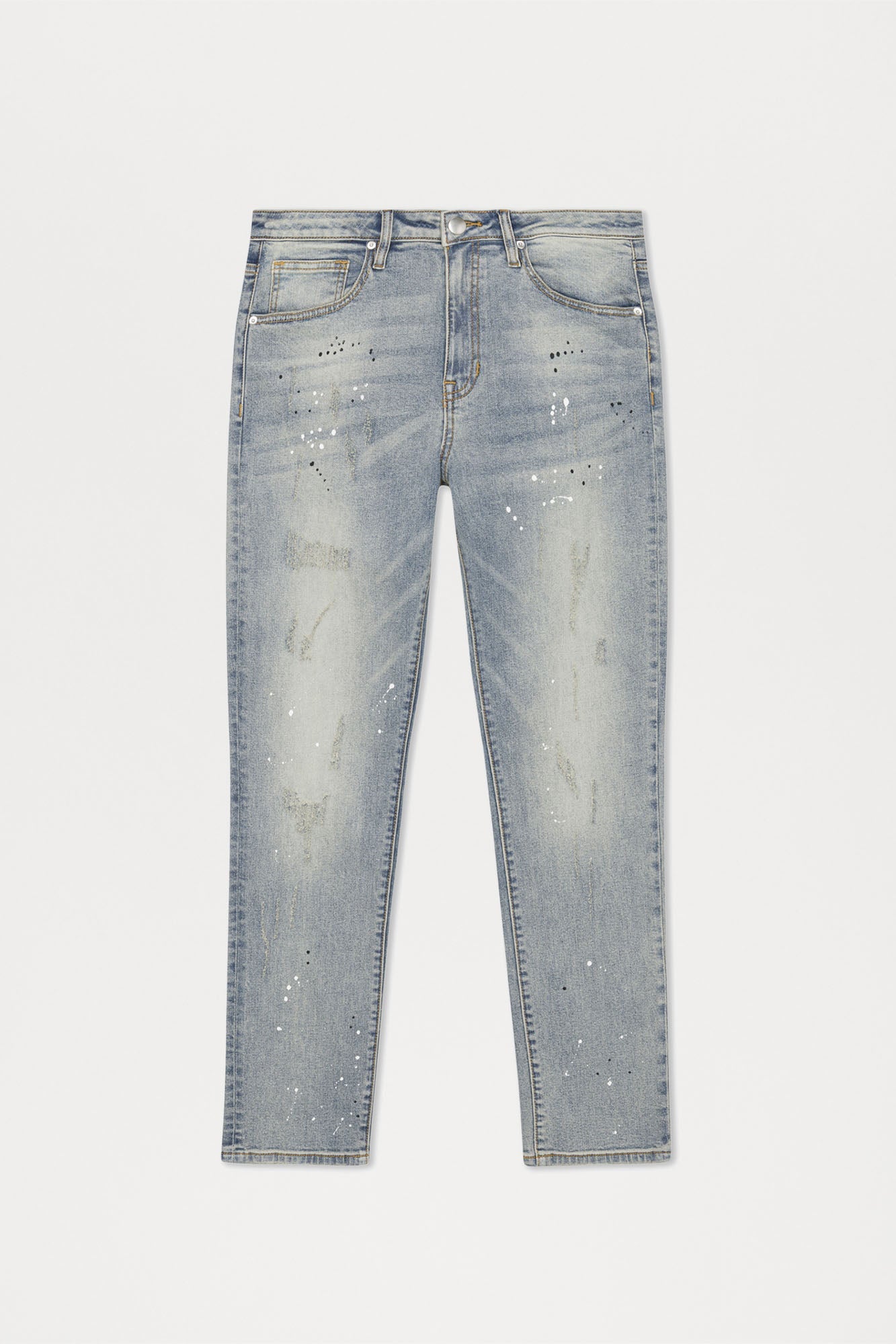 Ripped And Bleach Splatter Stacked Slim Flare Jeans - Light Blue Wash