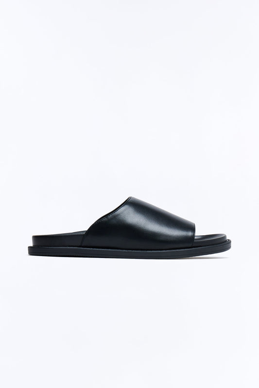 Minimal Faux Leather Slip On Slide - Black