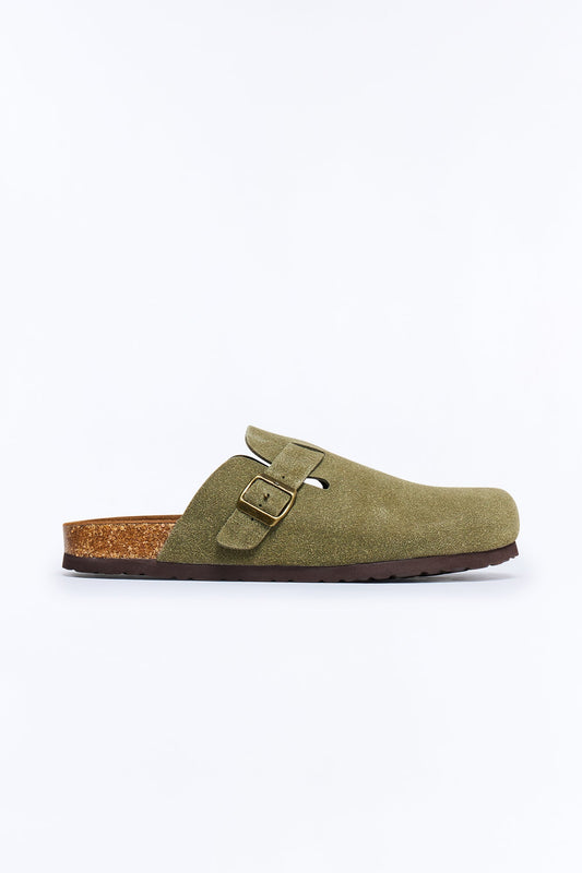Buckled Cut Out Suede Slip On Mule - Green
