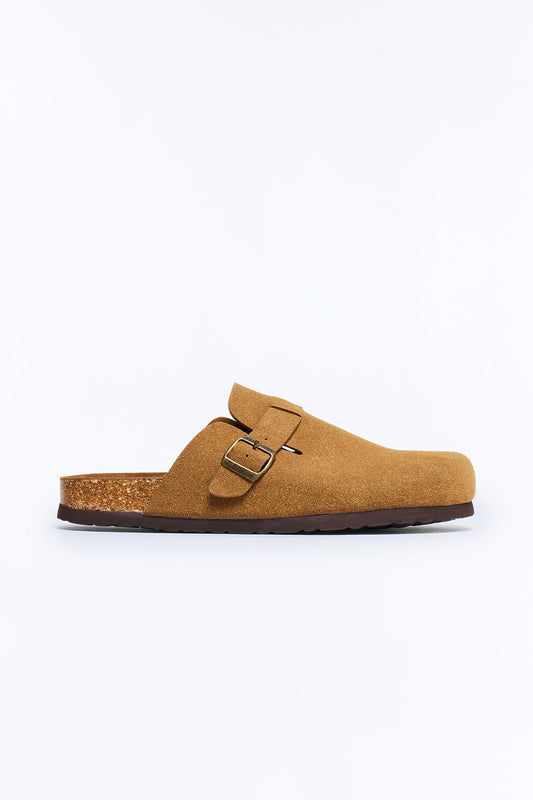 Buckled Cut Out Suede Slip On Mule - Brown