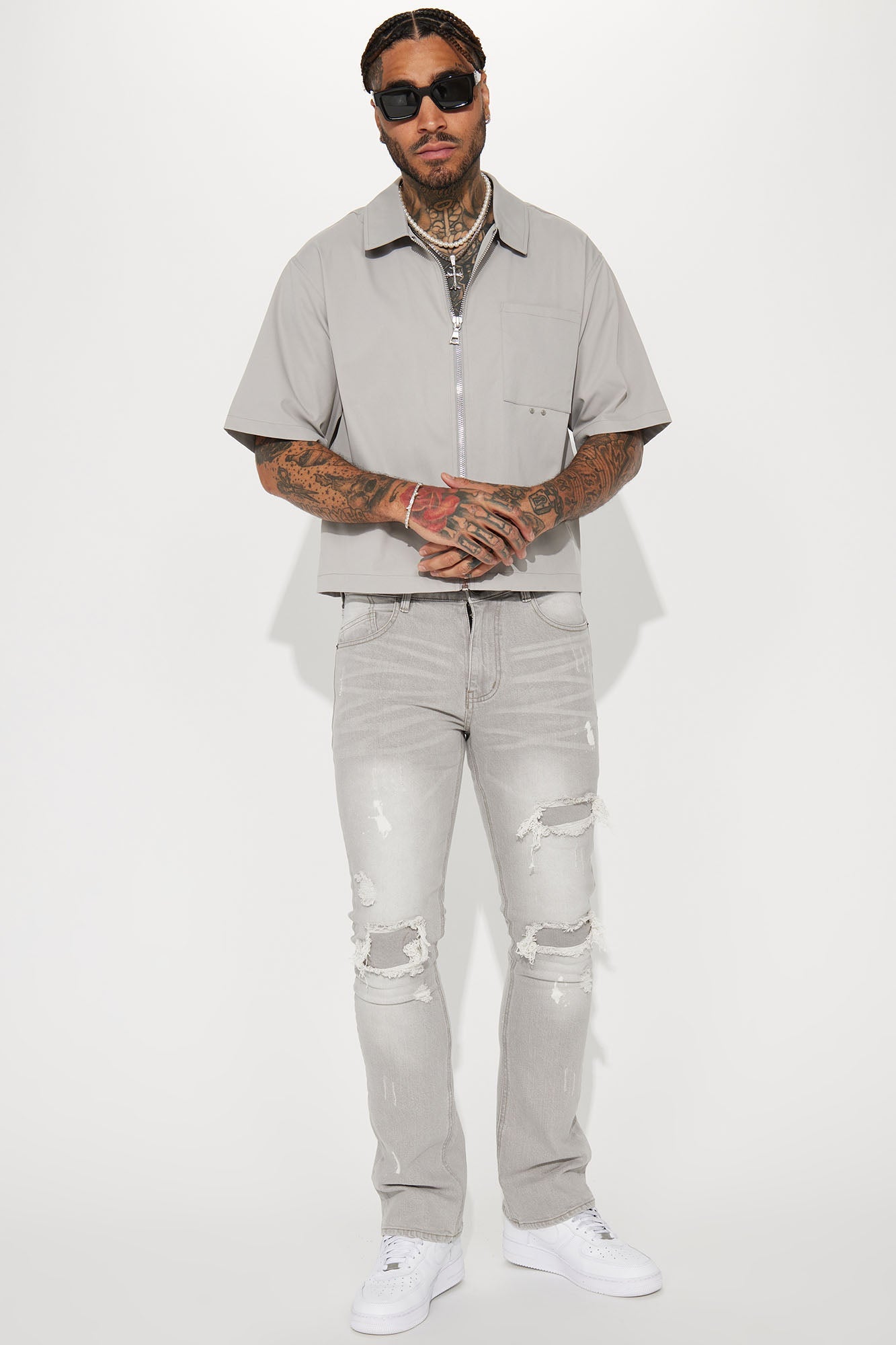 Ripped Stacked Skinny Flare Jeans - Grey