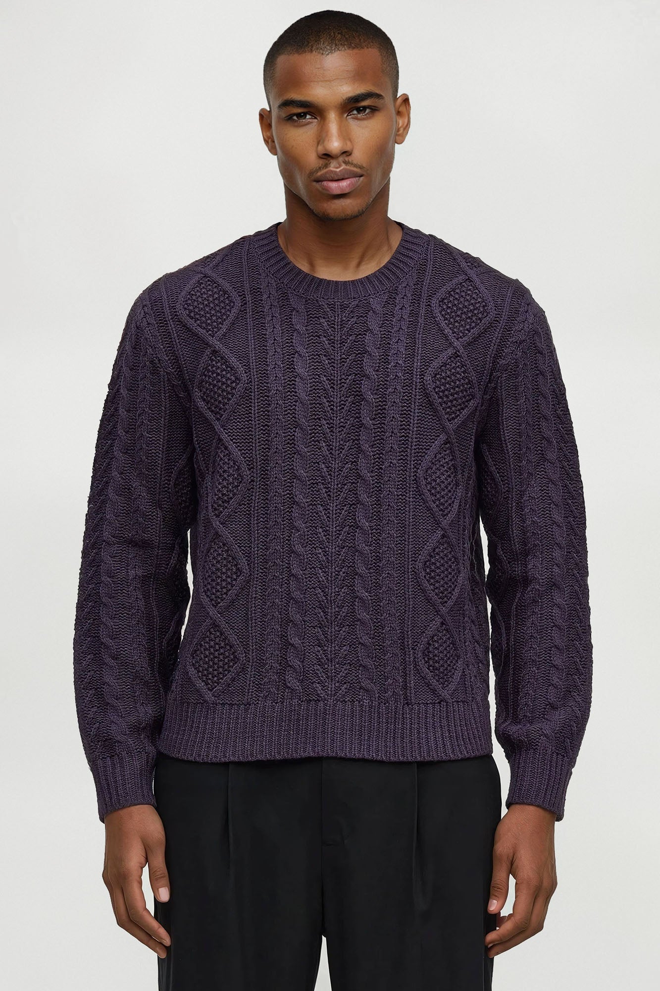 Cropped Fella's Night Cable Knit Crewneck Sweater - Purple