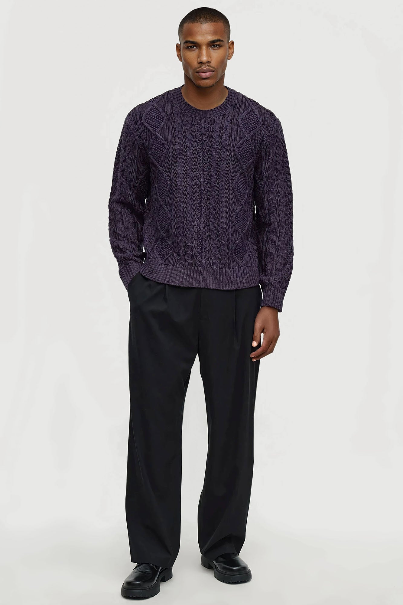 Cropped Fella's Night Cable Knit Crewneck Sweater - Purple