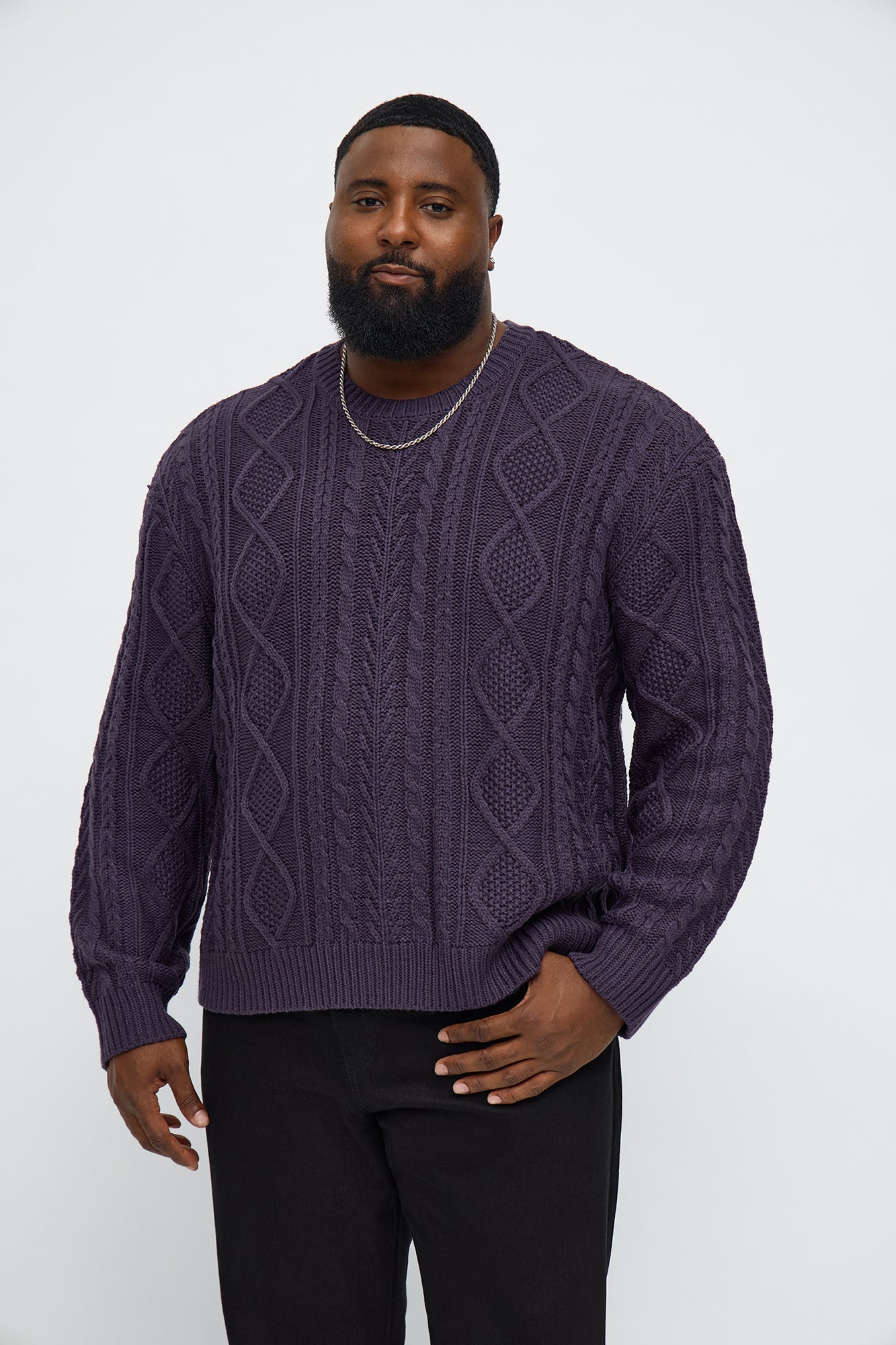 Cropped Fella's Night Cable Knit Crewneck Sweater - Purple