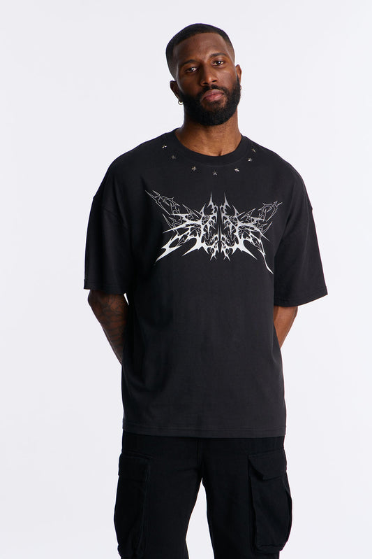 Metal Star Studded Short Sleeve Tee - Black