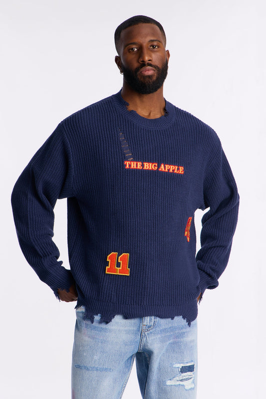 The Big Apple Distressed Sweater - Navy