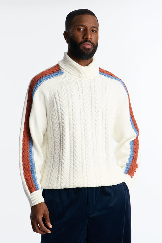 Cable Knit Turtle Neck Contrast Sweater - Cream