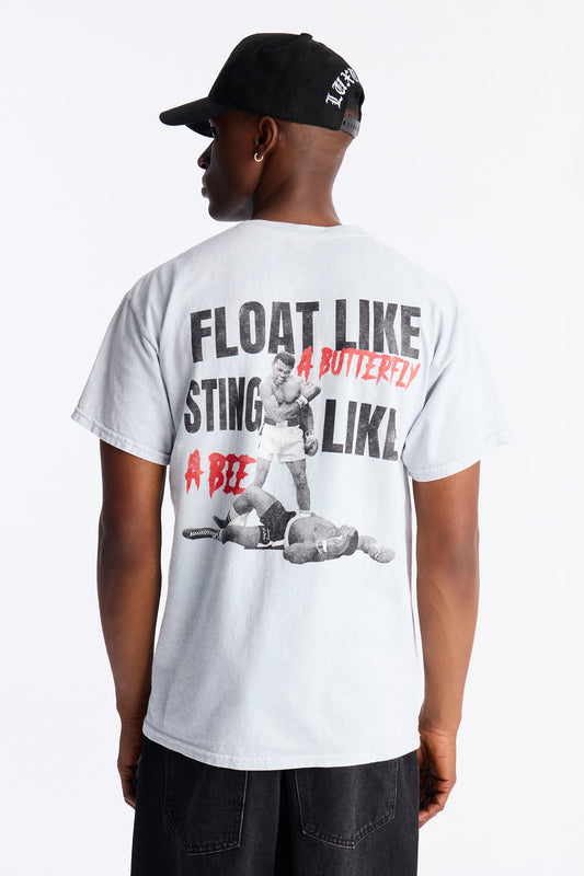 Muhammad Ali Sting Like A Bee Puff Print Short Sleeve Tee - Grey Mineral Wash