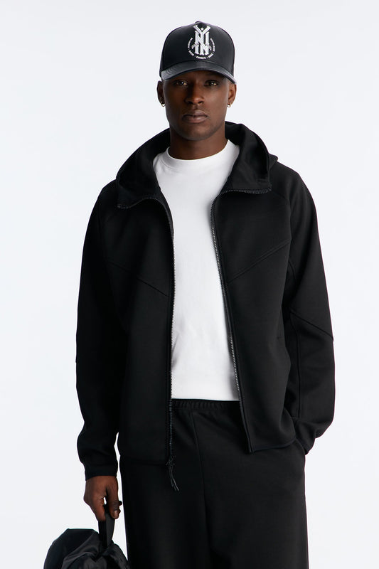 Structured Paneled Fleece Zip Up Hoodie  - Black