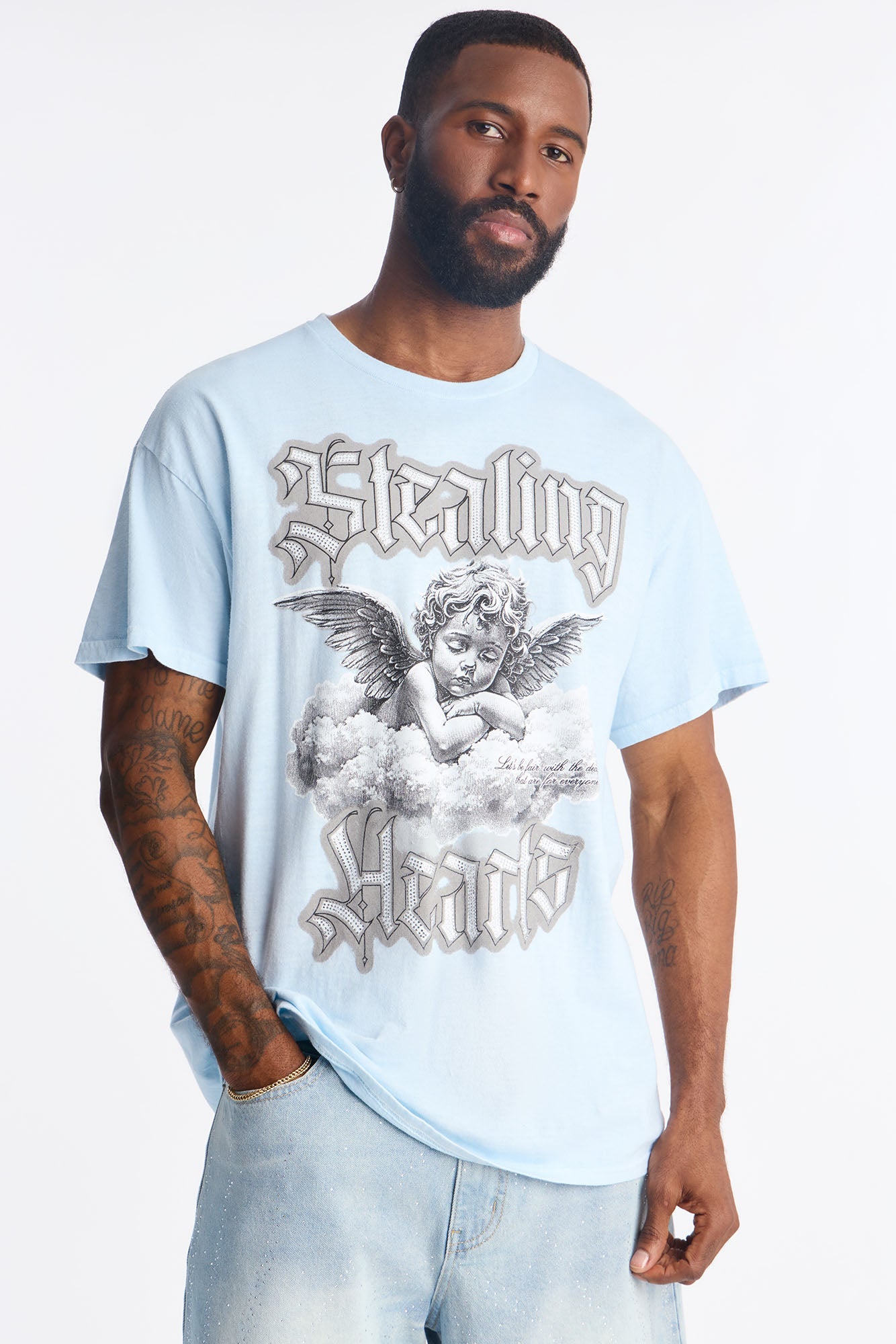 Stealing Hearts Rhinestone Short Sleeve Tee - Light Blue